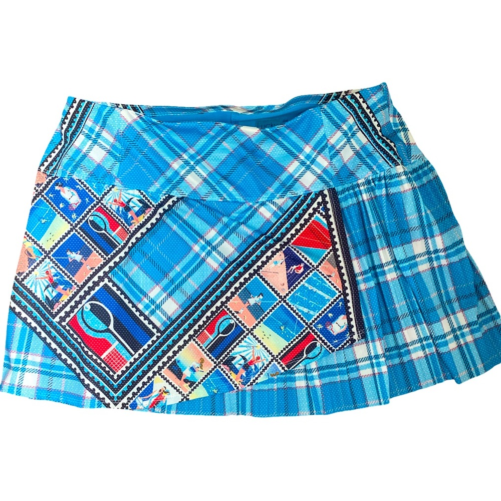Lucky in Love Blue Plaid Skort -L blue plaid ,polyester spandex
